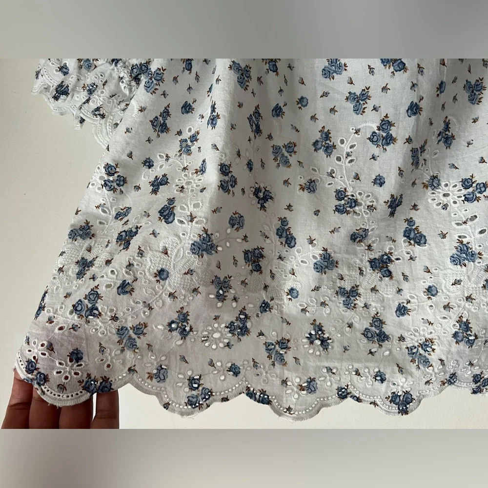NWT By Anthropologie Puff-Sleeve Eyelet Top size LP Ivory Blue Floral Print Boho